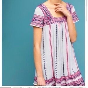 Anthropologie MAEVE Embroidered Boho Dress size XS. Gray/Navy/Pink